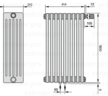 Схема (чертеж) Радиатор Zehnder Charleston 6180/9 №V008 Белый глянцевый RAL 9016